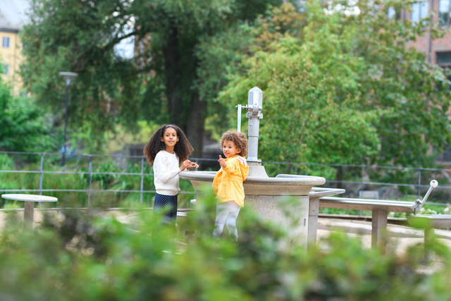 Två barn leker i en grönskande park